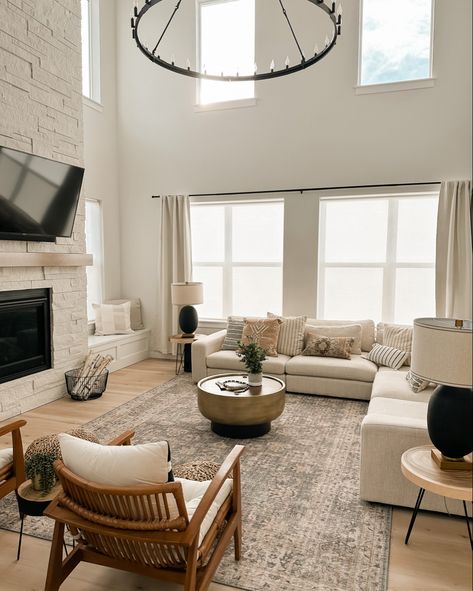 Modern Living Room Tan Couch, Cream Colored Living Room Furniture, Living Room With Couch And Accent Chairs, Modern Tan Living Room, Living Room Design Beige Couch, Living Room Couch Set, Boho Cream Living Room, Cozy Living Room Beige Couch, Neutral Calming Living Room