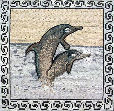 Dolphins Mosaic Mural Dolphins Mosaic, Stone Tile Bathroom, Mosaic Mural, Pool Bathroom, Mosaic Murals, Mosaic Pool, Bathroom Tile Designs, Mosaic Artwork, Handmade Mosaic