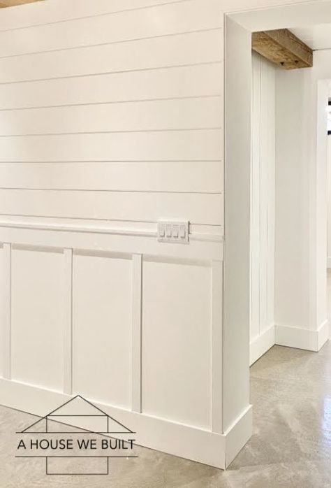 Board And Batten Wall Same Color As Wall, Shiplap Wall Half Way Up, Wide Shiplap Planked Walls, Shiplap And Wainscoting Together, Shiplap With Wainscoting, Partial Shiplap Wall, Trailer Office, Narrow Hallway Decor, Autumn Drive