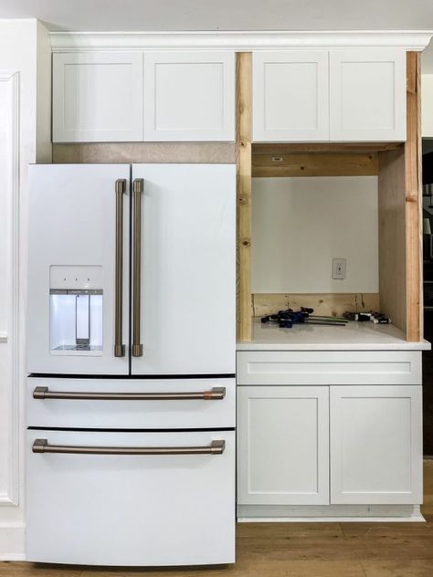 Fridge With Cabinets Around It, Cabinet For Small Appliances, Cabinet For Appliances, Built In Refrigerator Ideas, Built In Refrigerator Cabinet, Fridge Enclosure, Built In Kitchen Appliances, Hide Appliances, Diy Doors