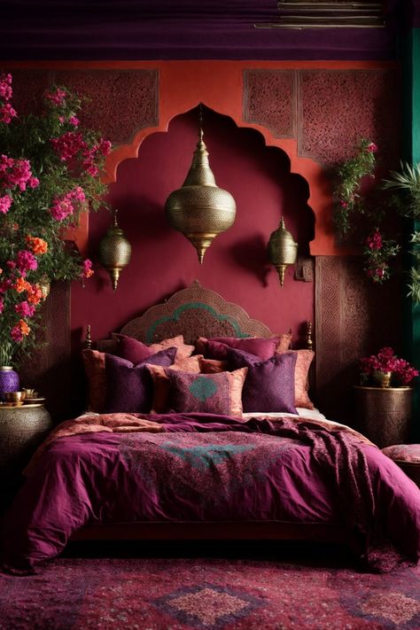 Dive into a world of enchantment with this Moroccan-inspired bedroom, where rich wine-red walls effortlessly contrast with vibrant splashes of teal and emerald. The centerpiece is a regally carved headboard, a testament to masterful craftsmanship, setting the stage for a bed adorned with sumptuous pillows boasting intricate patterns. Overhead, an array of golden lanterns dangle, casting a mystical glowThis bedroom is truly a lavish retreat, inviting one to indulge in its serene beauty. Oasis Decor, Moroccan Wall Decor, Moroccan Inspired Bedroom, Moroccan Bedroom, Decor Ideas Bedroom, Moroccan Wall, Moroccan Interiors, Luxury Bedroom Design, Bed Design Modern