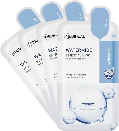 Amazon.com : Mediheal Best Korean Sheet Mask - Watermide Essential Face Mask 4 Sheets For All Skin Types Korean Best Sheet Mask Hydrating Moisturizing with Water 3x Complex : Beauty & Personal Care Dr Bedroom, Face Mask Korean, Best Sheet Masks, Korean Sheet Mask, Mask Korean, Korean Face Mask, 90s Teen, Mask Shapes, Korean Face