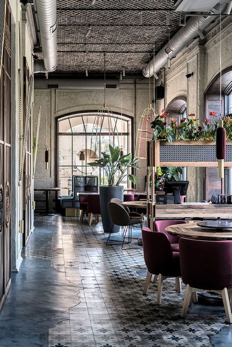 NĂM Vietnamese Restaurant in Kiev by YOD Design Lab - Review — urdesignmag Industrial Restaurant Design, French Vietnamese, Vietnam Restaurant, Rose Chair, French Colonial Style, Asian Bistro, Tiered Seating, Restaurant Design Ideas, Industrial Restaurant