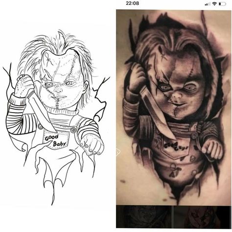 Chucky Vs Chuckie Tattoo Stencil, Chuckie Tattoo Design, Chucky Tattoo Outline, Chucky Drawing Tattoo, Horror Movie Tattoos Ideas Drawing, Michael Myers Tattoo Stencil, Chucky Stencil, Chunky Tattoo, Chuckie Tattoo