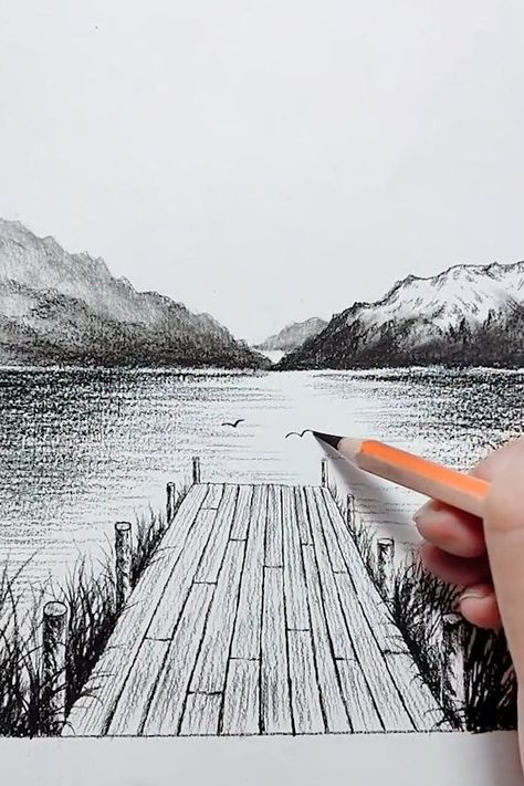 Sketches Of Scenery Nature, Sketching Landscapes Pencil, Step By Step Drawing Scenery, Landscape Ideas Painting Pencil, Landscape Pencil Art, Sketch Ideas Landscape Pencil Drawings, Art Drawings Sketches Pencil Landscape, Landscape Paintings Pencil, How To Draw A Fence