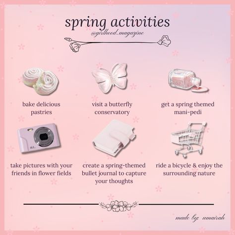 enjoy the most out of spring with these six fun, girly activities! ♡₊˚ 🦢・₊✧⋆⭒˚｡⋆ . . . design by @umaiwhat . . . #springtime🌸 #springtimevibes #springflowers #springlook #springoutfit #springoutfitideas #springaccessories #springactivities #springiscoming #pinkaesthetictumblr #tumblraestheticgirl #itgirlaesthetic #thatgirlaesthetic Fun Girly Activities, Girly Activities, Photo Selfie Ideas, Girl Activities, Activities For Girls, Spring Accessories, Being A Girl, Im Just A Girl, Spring Activities