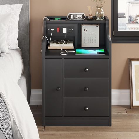 Nightstands Nightstand With Charging Station, Black Nightstand, Door Black, Modern Bedside, Modern Bedside Table, Black Door, Sofa End Tables, Bedroom Bedside Table, White Nightstand