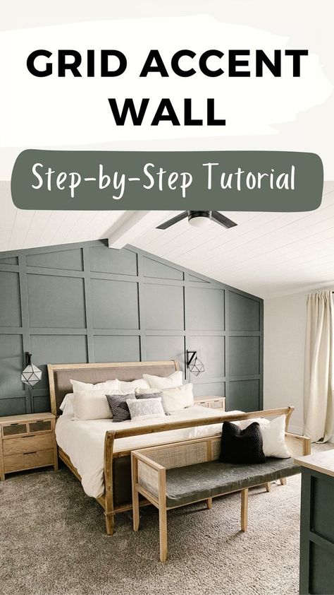 Green Focal Wall Bedroom, Easy Bedroom Accent Wall, Grid Accent Wall, Diy Grid Wall, Diy Accent Wall Ideas, Wood Accent Wall Bedroom, Beige Room Decor, Unique Accent Wall, Grid Wall