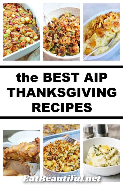 The Best AIP Thanksgiving Recipes! Seriously the best and most reliable stuffing, mashed cauliflower, gravy, apple pie and more! Enjoy these well chosen Paleo favorites free of eggs, dairy, nuts and seeds! || Eat Beautiful | comfort foods | aip holiday recipes | aip thankgiving recipes | aip side dishes | aip stuffing recipe | aip apple pie recipe | autoimmune protocol side dish recipes | AIP Thanksgiving | AIP Christmas | #aip #holiday #recipes #sidedish #thanksgiving #christmas Aip Apple Pie, Aip Side Dishes, Aip Thanksgiving Recipes, Aip Thanksgiving, Cauliflower Gravy, Autoimmune Diet Recipes, Aip Diet Recipes, Eat Beautiful, Apple Pie Recipe