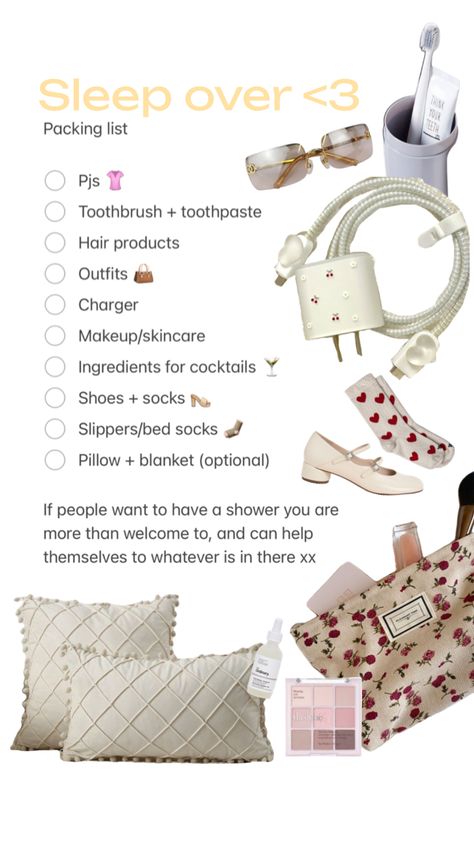 Sleep over packing list #pink #beauty #vibes #sleepover #list #sadgirl #birthday #birthdaywishlist #packing Sleep Over Packing List, Sleepover Packing List Teen Girl, Sleepover Packing List, Trip Essentials Packing Lists, Teen Sleepover Ideas, Sleepover Essentials, Sleepover Tips, Preppy Travel, Sleepover List