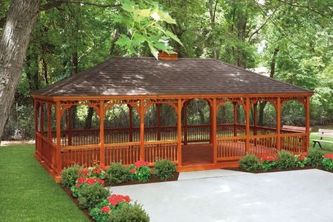 Rectangle Cedar Log Gazebo | Gazebo, Amish and Craftsman Garden Gazebos, Pallet Closet, Backyard Structures, Screened Gazebo, Gazebo Plans, Bar Sala, Wooden Gazebo, Building Business, Country Lane