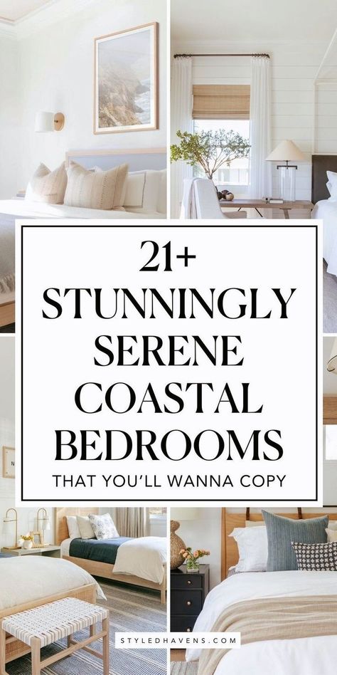 Searching for coastal bedroom ideas and decor? Coastal bedroom spaces are *our vibe* - and today, we've hand-picked our very fav coastal bedroom design inspo that you *need* to see. Whether you're looking for coastal interior inspo, for the perfect neutral bedroom, or just want to scroll through coastal style bedroom inspiration - *this* is the cozy bedroom inspo you're looking for! Bedroom Ideas Summer Beach Houses, Coastal Casual Bedroom, Midcentury Coastal Bedroom, California Casual Bedroom Ideas, Coastal Calm Bedroom, Coastal Vibe Bedroom, Calm Coastal Bedroom, Beachy Bedrooms Coastal Chic, Costal Bedroom Design