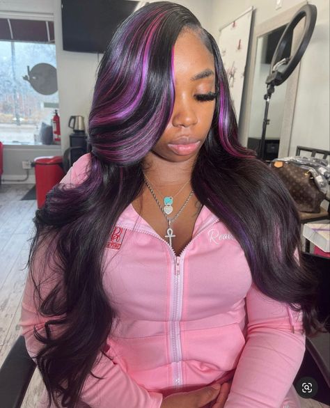 Black Wig With Purple Streaks, Peekaboo Sew In With Leave Out, Sew In With Purple Highlights, Black Wig With Purple Highlights, Black And Purple Hair Black Women, Purple Sew In, Black And Lilac Hair, Purple Highlight Wig, Purple Highlights Wig