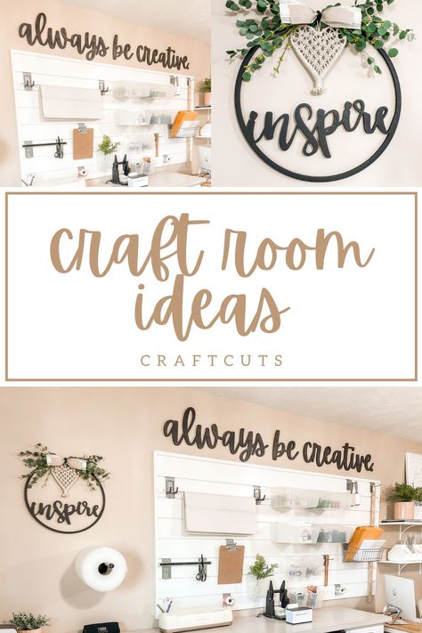 Craft Room Wall Decal Ideas, Craft Room Words Wall Decor, How To Make Wall Art With Cricut, Craft Room Pictures Wall Art, Crafting Room Decor, Cute Craft Room Decor, Craft Room Decorating Ideas Inspiration, Craft Room Sayings Wall Decor, Farmhouse Craft Room Decor