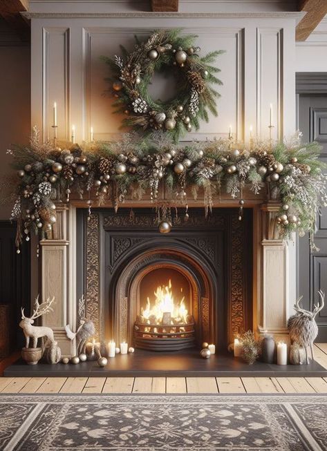 Natal, Front House Christmas Decorations, Large Mantle Christmas Decor, Traditional Christmas Tree Decor Ideas, Traditional Fireplace Mantel Decor, Fireplace Mantle Decor Modern, Fireplace Mantle Decor Christmas, Christmas Mantles Ideas Fireplaces, How To Decorate A Fireplace Mantel