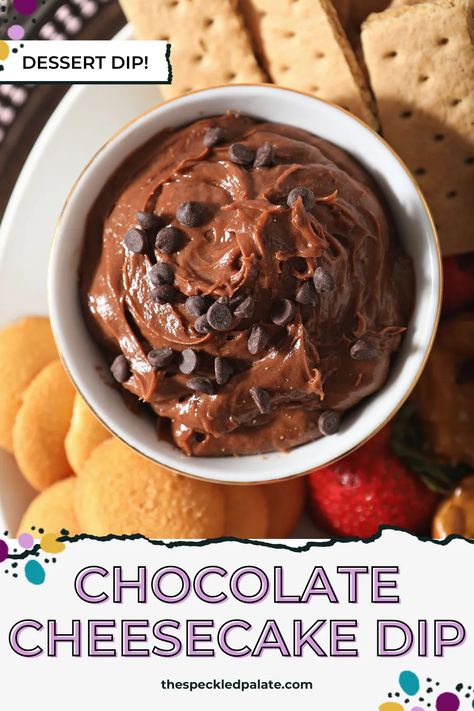 Tangy, creamy Chocolate Cheesecake Dip is the perfect dessert for sharing. This 4-ingredient no bake dessert takes 5 minutes to mix. Serve it on a board or a platter with fruit, crackers, cookies and more. #EasyEntertaining #SpeckledPalate Chocolate Appetizers Appetizer Ideas, Cracker And Dip Platter, Chocolate Dessert Dip, Cheesecake Charcuterie Board, Chocolate Cream Cheese Dip, Cheesecake Dip Easy, Chocolate Cheesecake Dip, Chocolate Appetizers, Fruit Crackers