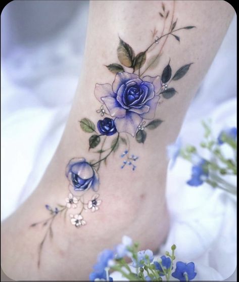 Flower Ankle Tattoo, Tattoos Elegant, Watercolor Tattoo Sleeve, Flower Tattoo Ideas, Gem Tattoo, Blue Rose Tattoos, Ankle Tattoos For Women, Flower Wrist Tattoos, Tattoos For Women Flowers