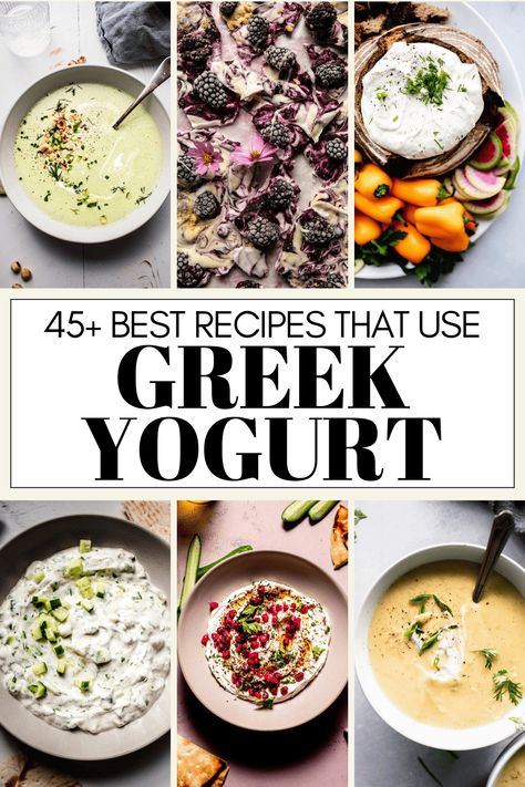 Looking for some Greek yogurt recipes to help you meet your protein goals? Here are 45+ tasty recipes that use Greek yogurt. From dips, to soups, sweet treats & more! Recipes W Greek Yogurt, Ways To Use Plain Greek Yogurt, Honey Greek Yogurt Recipes, High Protein Meals With Greek Yogurt, Uses For Greek Yogurt, Uses For Yogurt, Greek Yogurt Meals, Greek Yogurt Uses, Ways To Use Greek Yogurt