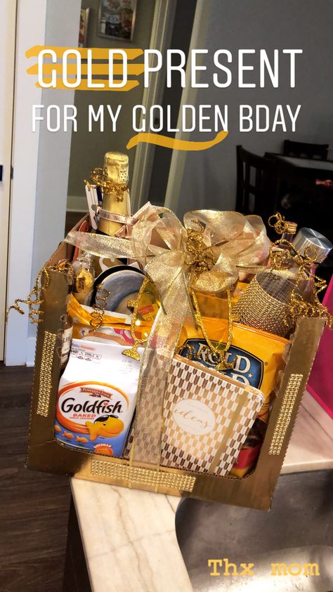 Golden Gift Basket Ideas, Golden Birthday Gift Basket, Golden Birthday Gift Ideas For Him, Golden Birthday Present Ideas, Golden Birthday Basket, Golden Birthday Gift Ideas, Golden Birthday Gifts, Golden Bday, Anniversary Gift Baskets