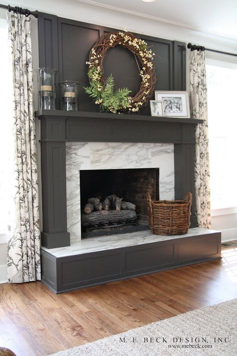 Beautiful color and millwork surrounding fireplace; surround in calcutta gold marble Design Camino, Grey Fireplace, Fireplace Redo, Paint Fireplace, Black Fireplace, Fireplace Remodel, Home Fireplace, Fireplace Makeover, Design Del Prodotto