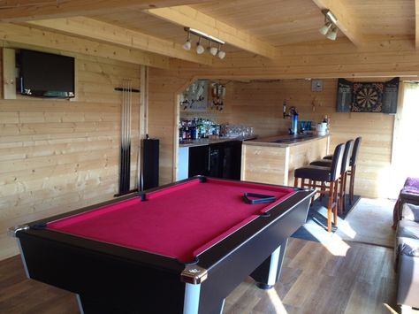 Tony has the right idea, 'We built the #cabin as an #office but also decided to have a #bar and #pooltable in there for the evenings - it's the perfect dual purpose room!'  #logcabin #garden #mancave Bar Pool Table, Snooker Room, Pool Table Dining Table, Pool Table Room, Shed Of The Year, Garden Cabins, Bar Shed, Man Shed, Shed Interior