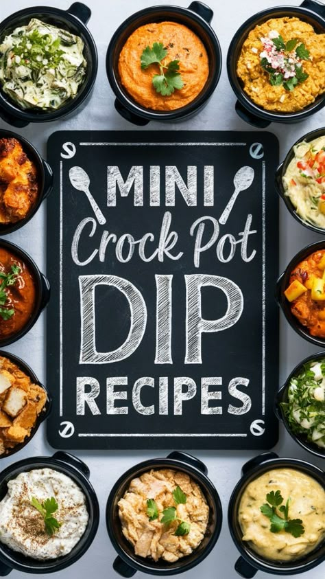 Serve up crowd-pleasing dips with these 10+ mini crock pot dip recipes! From cheesy, spicy to sweet, these easy-to-make dips are perfect for parties, game nights, or any gathering. #CrockPotDips #MiniDipRecipes #PartyFood #GameNightSnacks #EasyDips #ComfortFood #CheesyDips #FingerFood #DippableDelights Trio Crockpot Recipes, Mini Crockpot Spinach Artichoke Dip, Dip For Small Crock Pot, Hot Appetizer Dips Crockpot, Crockpot Dessert Dips For Parties, Quick Crockpot Appetizers, Buffalo Chicken Dip Mini Crock Pot, Easy Crock Pot Snacks, Slow Cooker Chip Dip