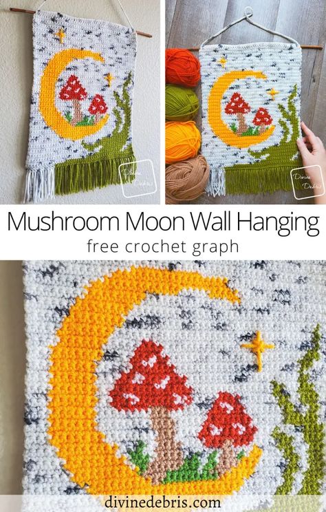 Mushroom Moon, Art Au Crochet, Moon Wall Hanging, Crochet Wall Art, Confection Au Crochet, Crochet Mushroom, Crochet Wall Hangings, Tapestry Crochet Patterns, Moon Wall