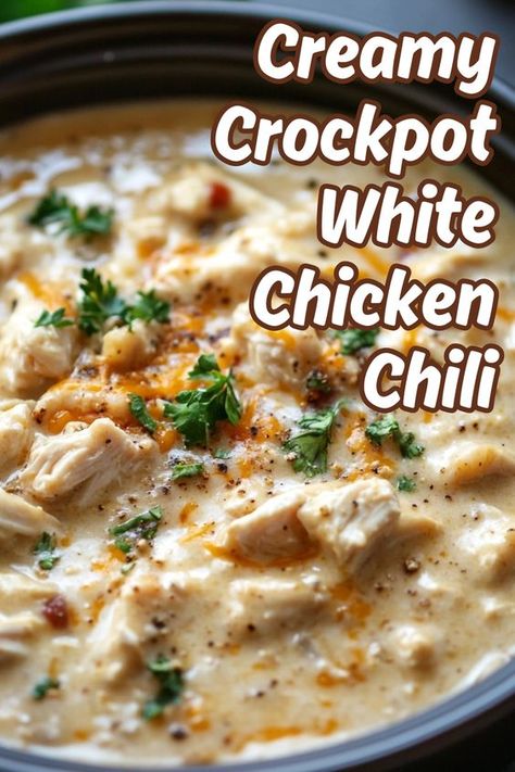 Savor the rich, comforting flavors of our Creamy Crockpot White Chicken Chili! This easy crockpot recipe combines tender chicken, creamy beans, and zesty spices for a delicious meal that cooks while you relax. Perfect for busy weeknights, it’s healthy, packed with protein, and family-friendly. Try this hearty dish today—save the pin and visit our site for the full recipe! White Bean Chicken Chili Recipe Crockpot, Chicken And White Bean Chili Crock Pot, Southern Living Creamy White Chicken Chili, White Chicken Chili Crockpot Recipes Cream Cheese, Easy White Chicken Chili Recipe Crockpot, Crockpot Recipes Chicken Chili, Slow Cook White Chicken Chili, White Chicken Chili Spice Recipe, Slow Cooker Creamy White Chicken Chili