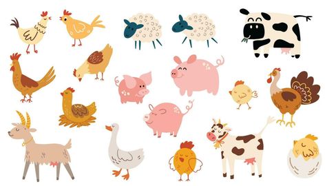 Farm animals. Cow, goose, turkey, goat, pig, piglet, chickens, rooster, chickens, sheep. Ideal kids design, for fabric, wrapping, textile, wallpaper, apparel. Cartoon vector illustration Farm Animal Cartoon Drawing, Farm Animals Illustration Design, Goat Illustration Cute, Cow Illustration Cute, Animal Farm Design, Cows Illustration, Farm Animal Illustration, Cartoon Farm Animals, Turkey Illustration