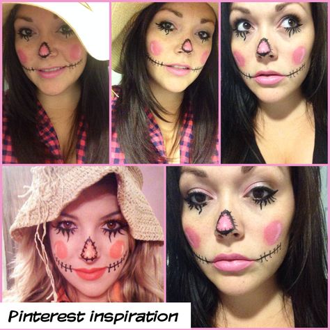 Scarecrow Halloween look - inspiration came from Pinterest! #halloween #easy #makeup #scarecrow #pink #strawhat #lashes #costume #scarecrowmakeup Pink Scarecrow Makeup, Pink Scarecrow, Halloween Easy Makeup, Scarecrow Makeup, Ball Costume, Scarecrow Halloween, Creepy Halloween Makeup, Halloween Goodies, Halloween Party Themes