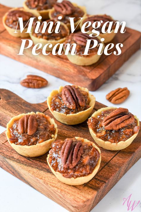 These Mini Vegan Pecan Pies are AMAZING, they have a buttery crust with a chewy and crunchy filling in one bite! The texture of the filling is amazing and egg-free! #vegan #pecanpie #easyrecipes Mini Vegan Pies, Vegan Mini Pecan Pies, Vegan Dessert Bites, Pecan Tarts Mini, Vegan Tapas, Mini Pecan Pie, Pecan Tarts Recipe, Pecan Pie Tarts, Nye Ideas