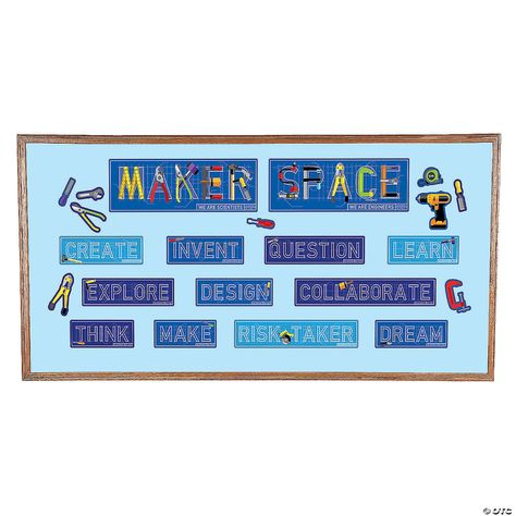 Maker Space Mini Bulletin Board Set | Oriental Trading Maker Space Bulletin Board, Maker Space Design, Stem Classroom Setup, Space Bulletin Boards, Stem Camp, Makerspace Ideas, We Are Scientists, Steam Ideas, Space Engineers