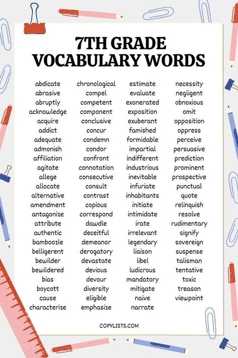 a list of 7th grade vocabulary words surrounded by cartoon ruler, pens, paper clips and other school supplies. 7th Grade Reading List, 7th Grade Spelling Words, Spelling Bee Word List, 7th Grade Writing, 7th Grade Tips, Spelling Bee Words, Makeup Acne, 7th Grade Reading, Spelling Words List