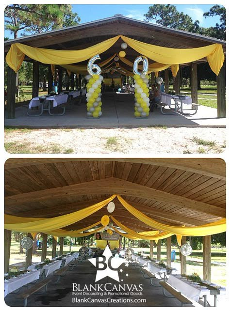 Outdoor Pavillion Decorating Ideas Party, Birthday Pavilion Decorations, Grad Party Ideas At A Park, Shelter Party Decorations, Decorating Pavilion For Party, Birthday Party Pavilion Decorations, Pavilion Grad Party Decorations, Picnic Pavilion Decorations, Park Party Decorations Pavilion