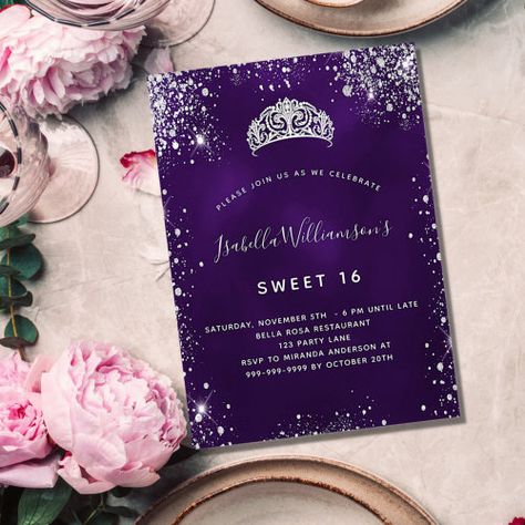 Sweet 16 purple silver glitter tiara crown for $2.80 - Birthday Invitations Sweet 16 Purple, Sweet 16 Crowns, Birthday Party Sweet 16, Budget Birthday Party, Budget Birthday, 80th Birthday Invitations, Princess Birthday Invitations, Sixteenth Birthday, Invitation Flyer