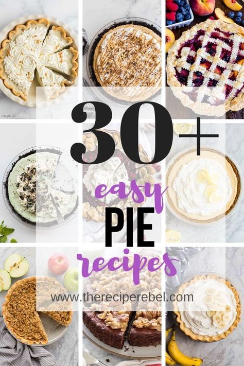 These pie recipes will satisfy any sweet tooth! No-bake pies, fruit pies, cream pies, chocolate pies...all packed with delicious, rich flavors! #pie #dessert #baking #recipes Pie Recipes No Bake, Easy Fruit Pie, Recipes No Bake, Pies Chocolate, Coconut Cream Pie Easy, Dark Chocolate Desserts, Mini Pie Recipes, Pumpkin Cream Cheese Pie, Fruit Pies