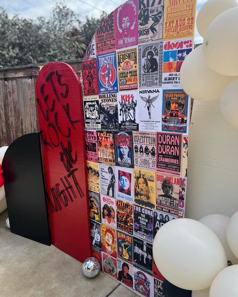 Rock And Roll Theme Photo Booth, School Of Rock Theme Party, Bon Jovi Themed Party, Rock And Roll Party Backdrop, Rock Band Party Decorations, 60th Rock And Roll Party, Rocker Party Ideas, Rock N Roll Party Aesthetic, Rock Themed Birthday Party Outfit