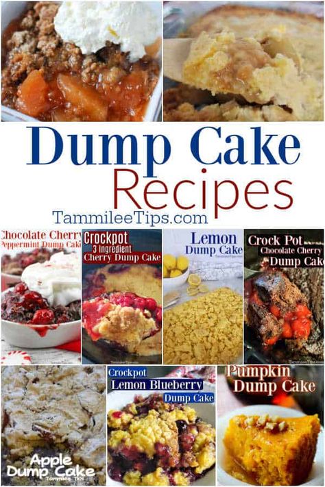 Easy Dump Cake Recipes, including crockpot dump cakes and oven-based dump cakes! These are the perfect potluck and holiday desserts. Easy Dump Cake Recipes, Summer Bbq Desserts, Bbq Dessert, Easy Dump Cake Recipe, Caramel Apple Dump Cake, Blueberry Dump Cakes, Bbq Desserts, Dump Cake Pumpkin, Dump Cakes