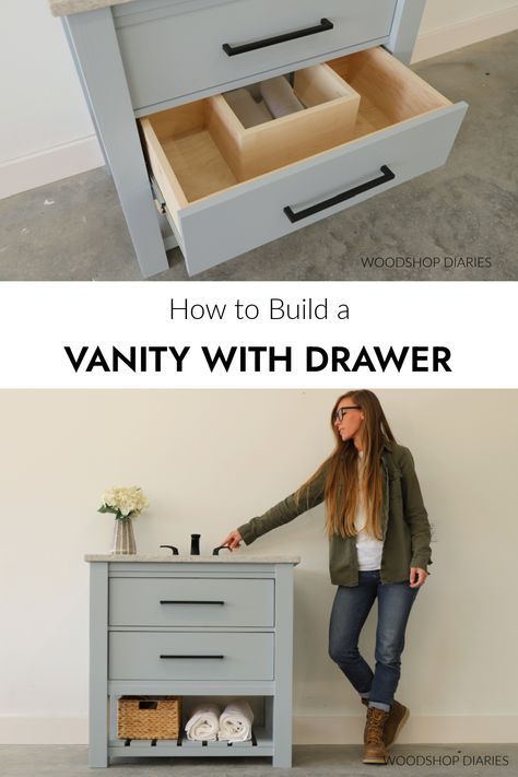 How to Build a Single Sink Vanity with Drawer Diy Sink Vanity, Diy Bathroom Vanity Plans, Diy Bathroom Sink, Diy Storage Trunk, Diy Dresser Plans, Dresser Vanity Bathroom, Bathroom Vanity Makeover, Diy Bathroom Vanity, Diy Nightstand