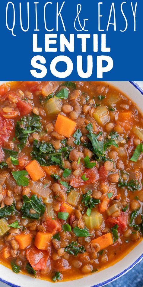 This Quick and Easy Vegetarian Lentil Soup recipe is made using canned lentils, which cuts down on the cooking time so much! This soup is still hearty and flavorful but it is ready in half the time. This plant based soup recipe is a protein packed one pot meal that can be prepped ahead of time and is freezer friendly. Enjoy with lunch or dinner and serve with bread. #lentilsoup #quickandeasy #souprecipe #vegetarian #plantbased Healthy Vegetable Lentil Soup, Lentil Italian Soup, Easy Lentil Stew, Lentil Soup With Canned Lentils, Easy Lentil Soup Crockpot, 1 Pot Vegetarian Meals, Low Cal Lentil Soup, Can Lentil Recipes, Lentil Crockpot Soup