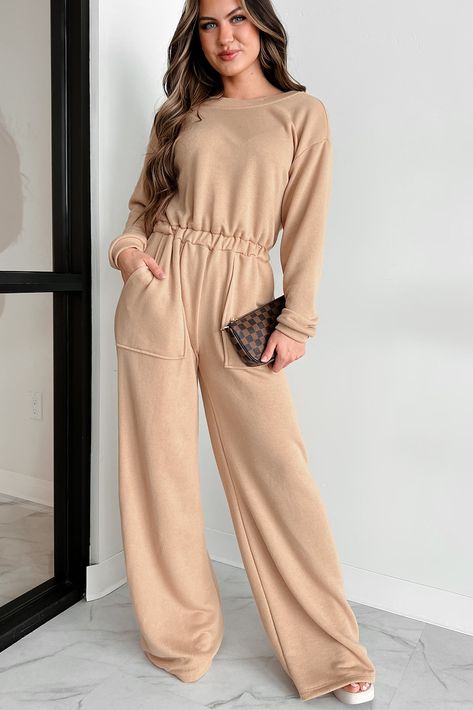 Cozy Refuge Long Sleeve Wide Leg Jumpsuit (Taupe) Long Sleeve Jumpsuit Outfit Winter, Cream Jumpsuit Outfit, Jumpsuit Outfit Winter, Long Sleeve Jumpsuit Outfit, Elegant Loungewear, Comfy Jumpsuits, Honeymoon Outfits, Jumpsuit Outfit, Large Dress