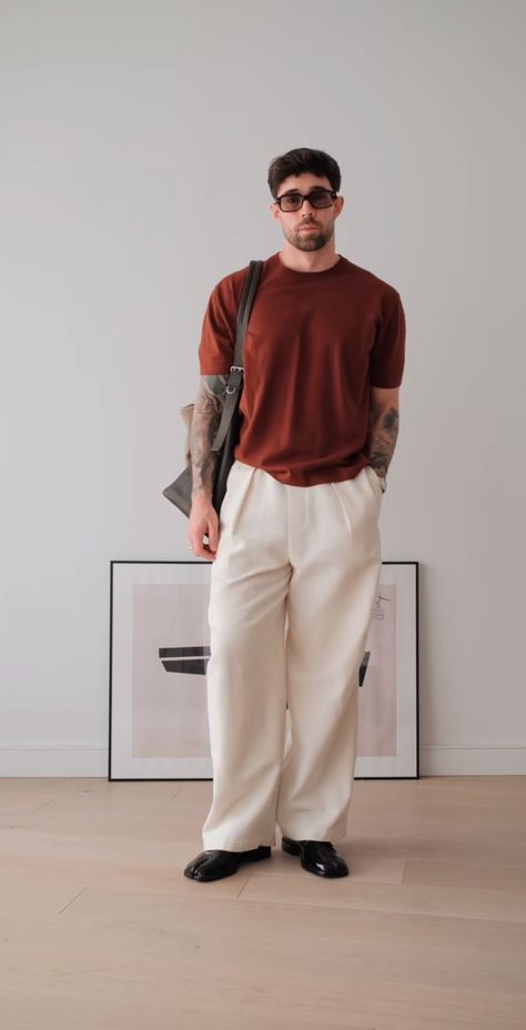 Men’s Pleated Pants Outfit, Mens Beige Pants Outfits, Cream Pants Outfit Men, Daniel Simmons Outfit, Brown Shirt Outfit Men, Beige Pants Outfit Men, Work Outfit Men, Beige Outfit Men, Brown Pants Outfit Men