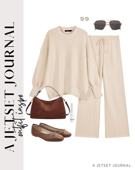 How to Elevate Your Matching Lounge Set - A Jetset Journal Matching Tops And Bottoms Outfit, Lounge Wear Ideas, Lounge Set Outfit, Matching Sets Two Pieces, Mountain Fashion, Two Piece Loungewear, Brown Ballet Flats, Matching Lounge Set, Amazon Outfits