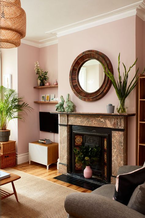 Guy & Lois, Dinsmore Rd Pink Fireplace Wall, Original Fireplace Ideas, Pale Pink Living Room Walls, Dusky Pink Living Room, Pink Walls Living Room, Pale Pink Living Room, Dusty Pink Living Room, Pastel Pink Living Room, Light Pink Living Room