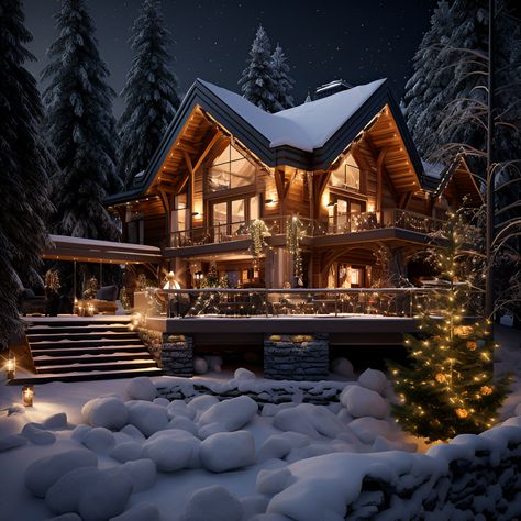 A beautiful wood Christmas cabin surrounded by snow and lightning in holiday style ❄️ ... ... ... #ModernHome #ChristmasSpirit #Christmas #ChristmasInterior #SparlingView #ChristmasCabin #Wonderland #WinterNight #Wood #Holiday #Snow #MountainView Modern House In Snow, Christmas Cabin Exterior, Snow Cabin Aesthetic, Winter Cabin In The Woods, Snowy House, Winter Houses, Winter House Exterior, Snowy Cabin, Christmas Cabin