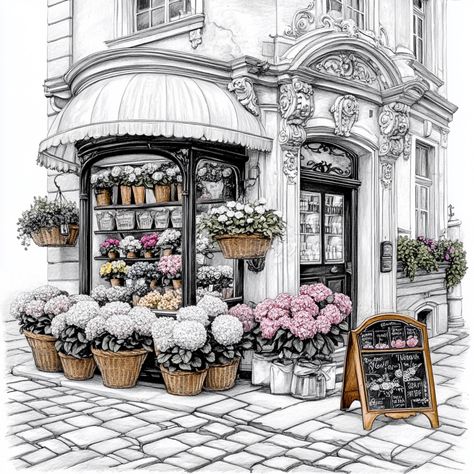 This beautiful collection features 8 digital images capturing a charming French flower shop in pencil illustration. Each large square artwork depicts intricate details of vibrant flower baskets outside a quaint shopfront. Perfect for enhancing home decor, creating a cozy atmosphere, or gifting to art lovers. Instantly download and enjoy these artistic pieces that bring the elegance of a French market to your space. Get creative and print them to fit your frames or as unique greeting cards.  BECA Shopfront Illustration, French Flower Market, French Flower Shop, Buildings Artwork, Square Artwork, Flower Shop Design, Flower Baskets, French Flowers, Flower Store