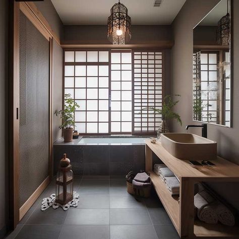 Japanese Houses Interior, Asian Inspired Bathroom Zen, Chinese Bathroom Traditional, Japanese Mansion Traditional Interior, Traditional Japanese Bathroom Design, Japan Style Bathroom, Dark Japanese Interior, Japanese Washroom, Japanese Bathroom Traditional