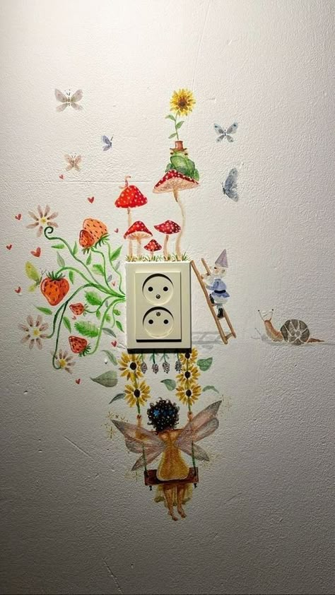 Painted Lightswitch Ideas, Whimsical Wall Painting, Fairy Garden Wall Mural, Room Mural Ideas Aesthetic, Cottagecore Wall Mural, Whimsical House Interior Bedroom, Indie Room Painting, Wall Paint Art Ideas, Whimsical Wall Mural