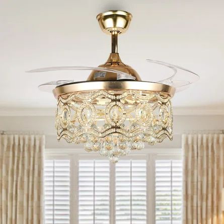 Rosdorf Park 42 Inch 4 Retractable Blades Gold Crystal Ceiling Fan With Remote And Light Kit Included | Wayfair Cool Ceiling Fans, Contemporary Ceiling Fan, Retractable Ceiling Fan, Gold Ceiling Fan, Fans Ceiling, Crystal Ceiling Fan, Contemporary Ceiling Fans, Contemporary Ceiling, Stunning Style