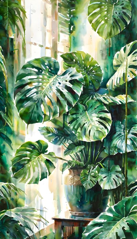 A traditional watercolor painting showcases the beauty of nature with two large green leaves on a plant in a vase. The painting captures the essence of tropical houseplants, particularly the monstera, known for its striking tropical vegetation. The background is filled with lush and exotic vegetation, with magical details that bring the scene to life. The green jungle background adds to the overall tropicalism of the artwork, highlighting the vibrant and detailed plant life. Tropical Plant Artwork, Paintings Of Monstera Leaves, Watercolor Tropical Plants, Monstera Plant Painting, Tropical Plant Painting, Monstera Background, Tropical Leaves Painting, Monstera Painting, Exotic Artwork